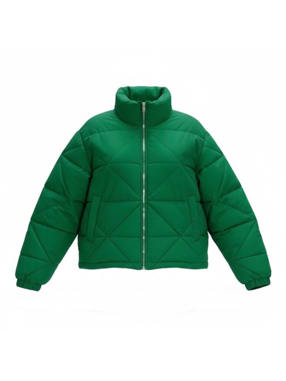 Gina Tricot Green Cropped Puffer Jacket XS Quilted Collar Zip Front Draw Cord